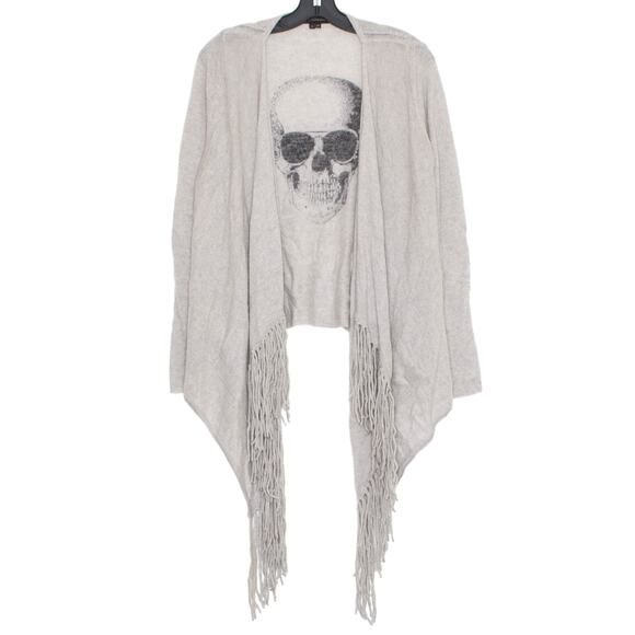 Skull Cashmere Sweaters - Skull Cashmere Cardigan Sweater Boho Fringe Goth Grunge Festival Gray Medium
